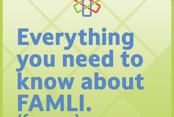 Bold blue text reading "Everything you need to know about FAMLI. (for now)" on a light green diamond-patterned background with the Unity Insurance logo mark.