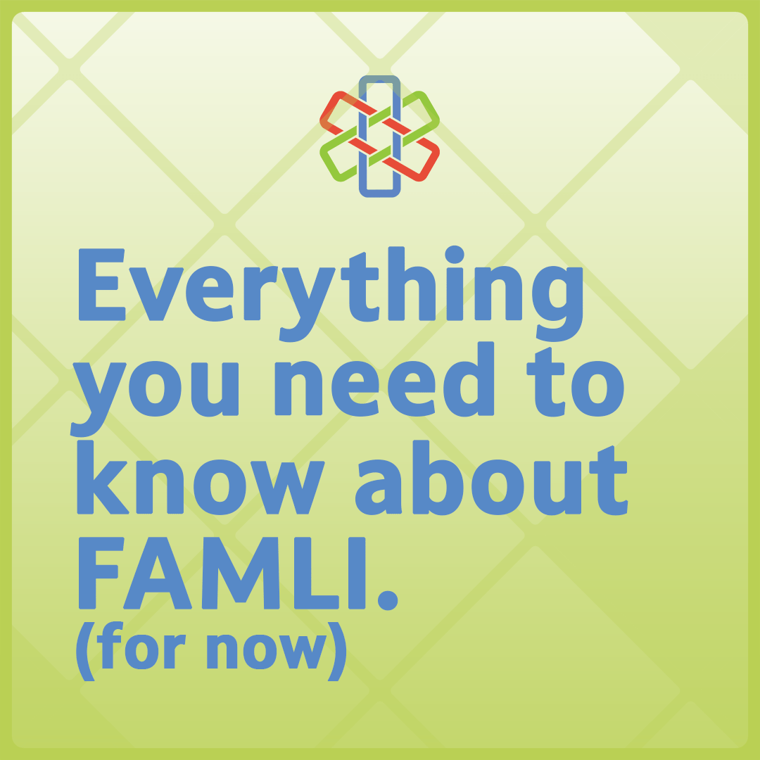 Bold blue text reading "Everything you need to know about FAMLI. (for now)" on a light green diamond-patterned background with the Unity Insurance logo mark.