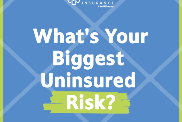 Unity Insurance graphic asking "What's Your Biggest Uninsured Risk?" on a blue and green brand pattern background