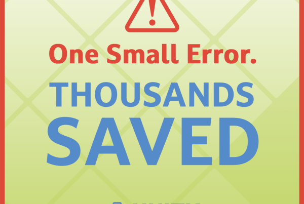 Unity Insurance social graphic with red border and yellow-green diamond pattern background. A red caution triangle sits above bold red text reading "One Small Error." followed by large bold blue text reading "THOUSANDS SAVED." Unity Insurance logo and "A MedChi Company" tagline appear at the bottom.