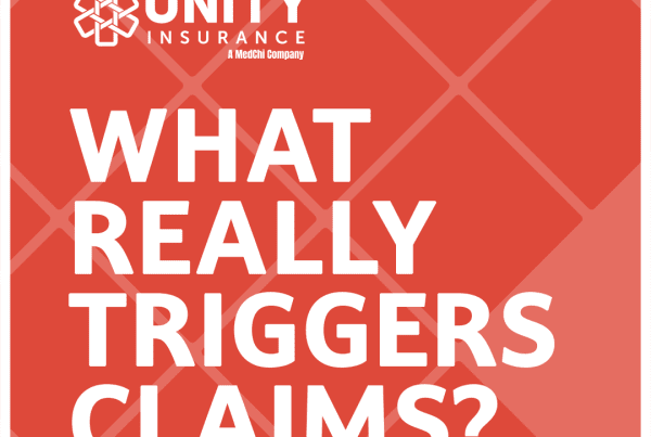 Bold white text reading "What Really Triggers Claims?" on a red diamond-patterned background with the Unity Insurance logo, a MedChi Company.