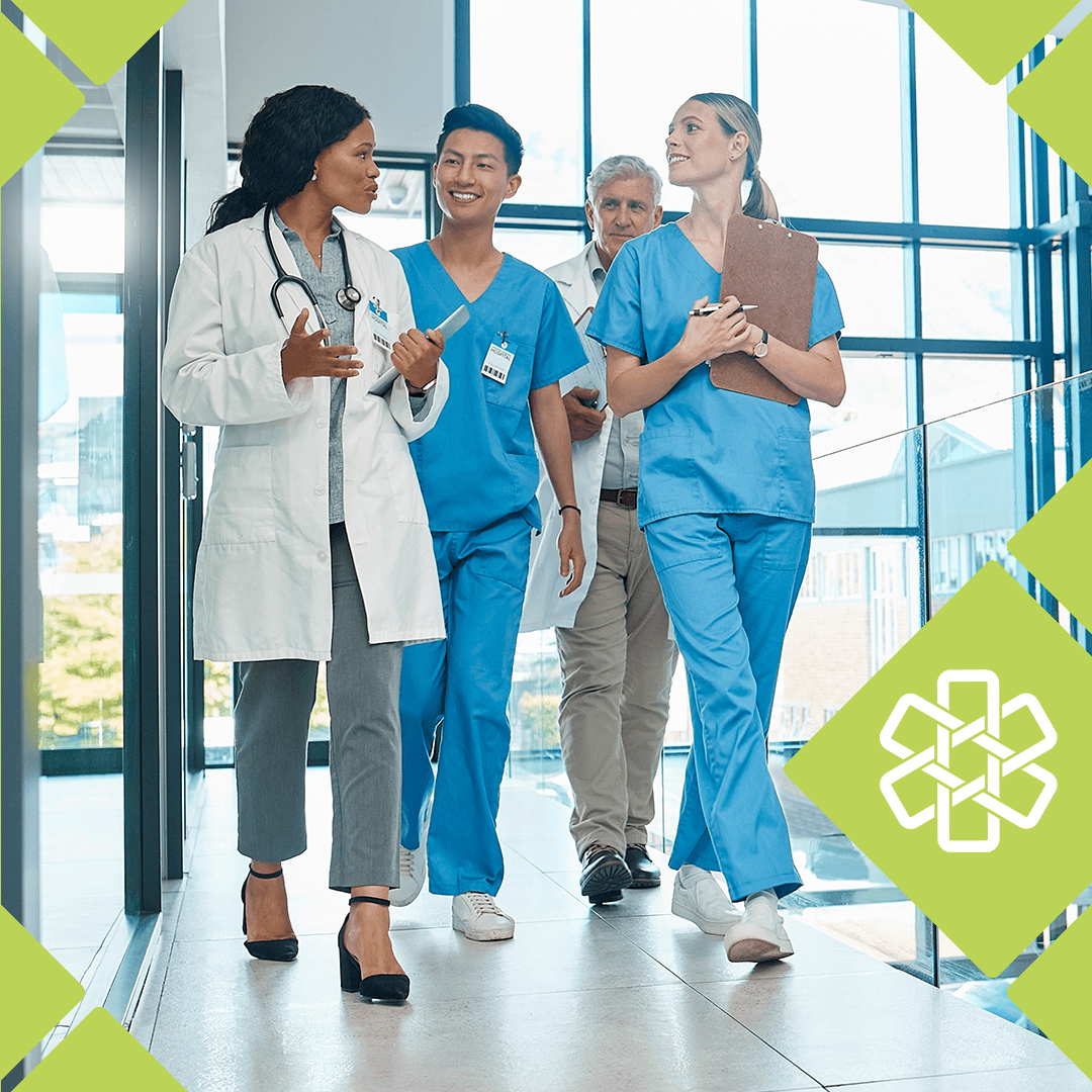 Physician and clinical staff walking together through a bright medical office hallway, framed with Unity green accents
